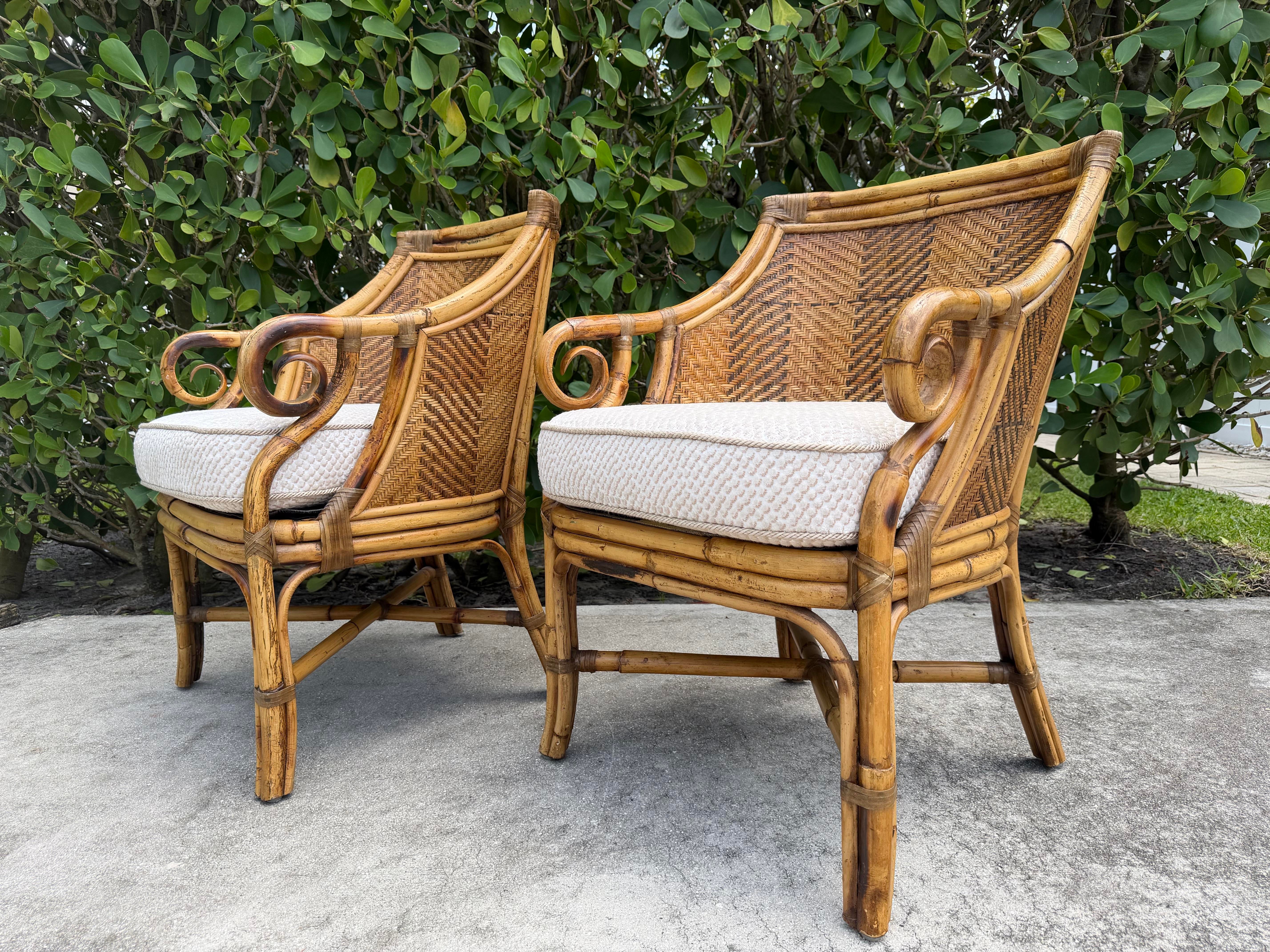 Vintage Henry Link Saint Andrews Scroll Arm Rattan Club Chairs - A