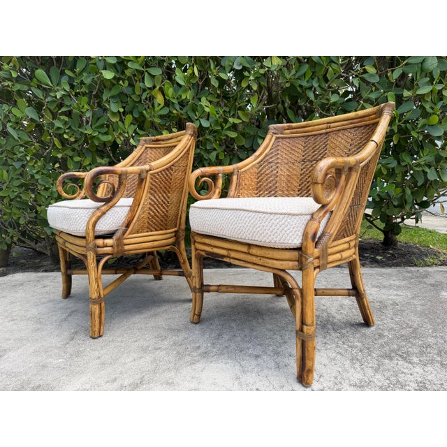 English Vintage Henry Link Saint Andrews Scroll Arm Rattan Club Chairs - A Pair For Sale - Image 3 of 12