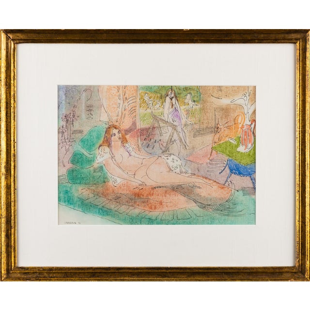 Framed and Signed Hand Colored Lithograph of Nude by Irving Nahan For Sale