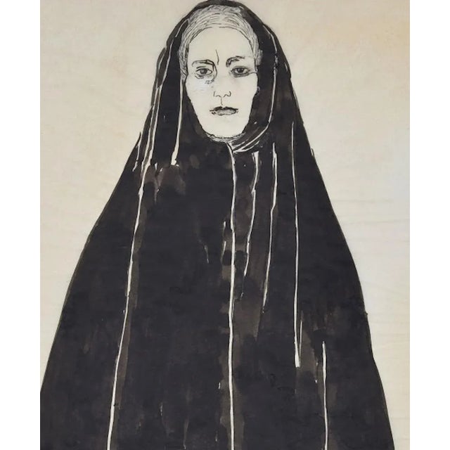 Woman with Black Mantel - Ink and Watercolor Drawing by F. David - 1949 1949 For Sale - Image 3 of 4