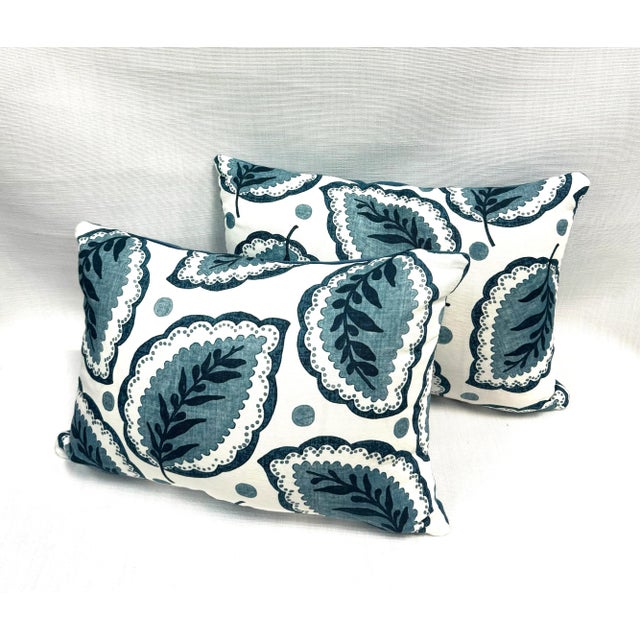 14” x 20” lumbar pillow cover in William Yeoward Rafaela fabric (front) and textured solid (back). Zipper closure. Insert...