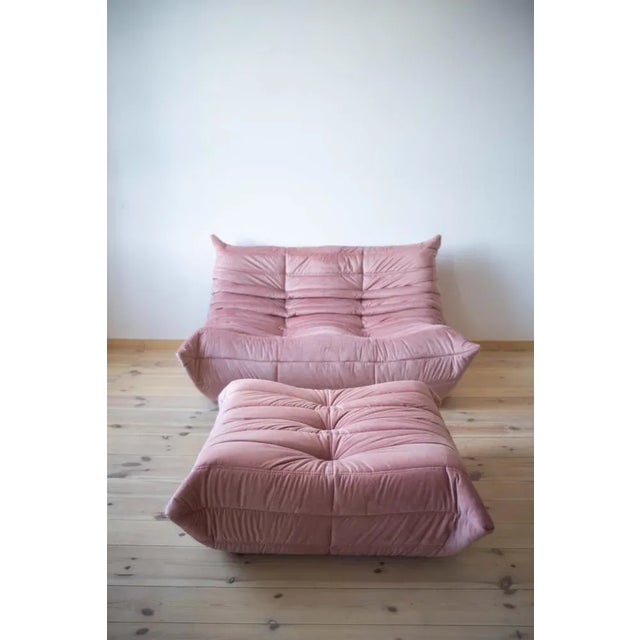 Set of Pink Pearl Velvet Togo Pouf and 2-Seat Sofa by Michel Ducaroy for Ligne Roset For Sale - Image 14 of 14