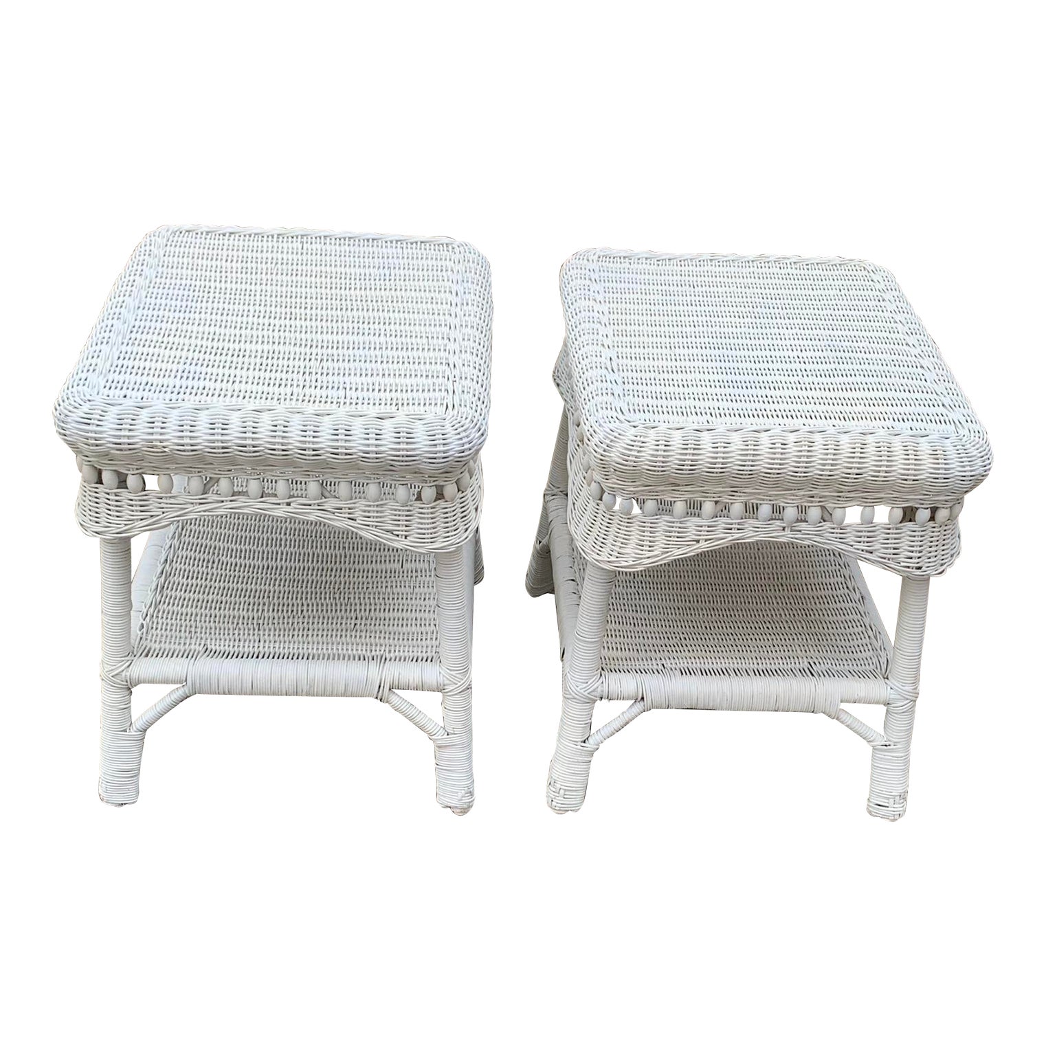 Antique White Wicker Side Tables With Beaded Accents a Pair Chairish