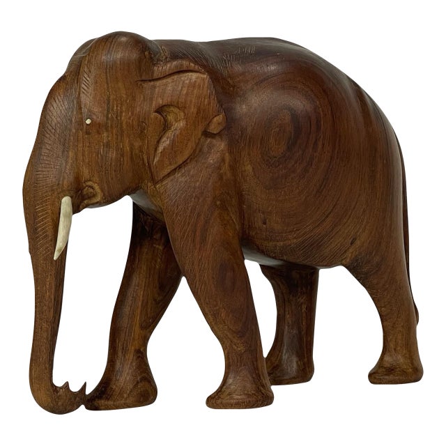Vintage Hand-Carved Teak Elephant Sculpture, C. 1960s For Sale