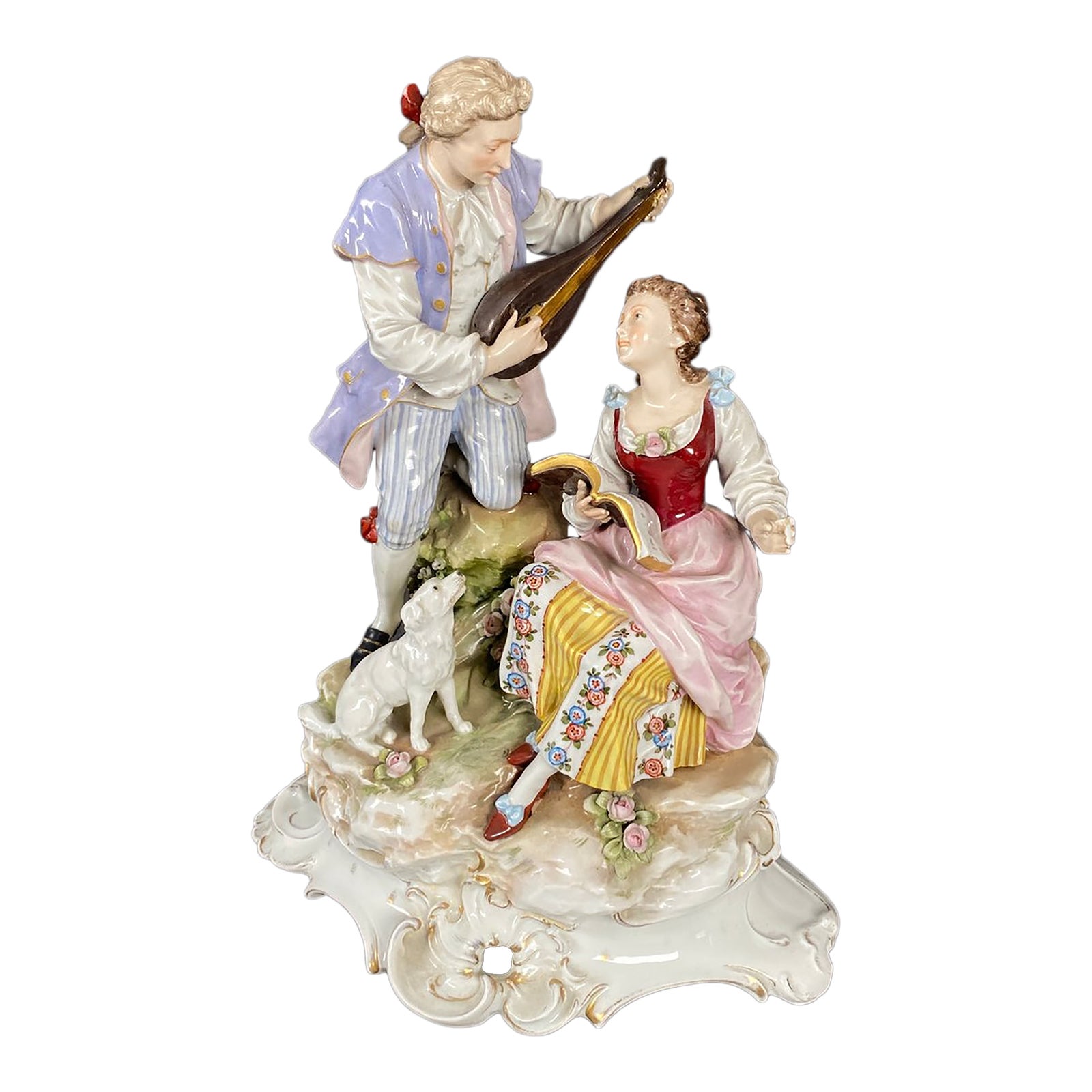 Large 18th Century Meissen Porcelain Group Man Playing Mandolin