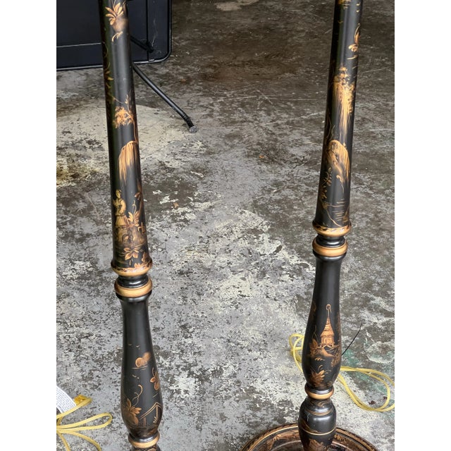 Vintage Black Lacquer Gold Chinoiserie Wood Floor Lamps a Pair For Sale In Chicago - Image 6 of 8