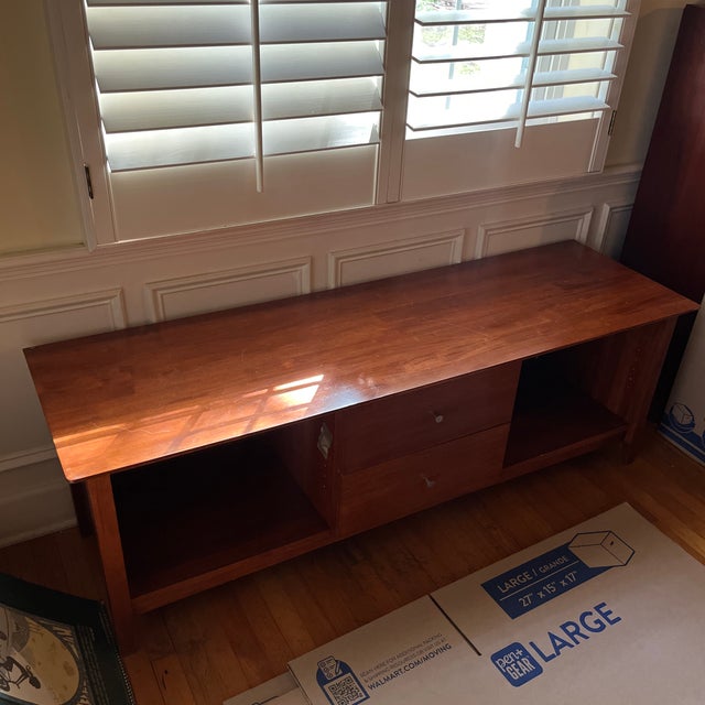 mid century modern dark wood media console. some imperfections on wood as shown in images. missing official mark from brand.