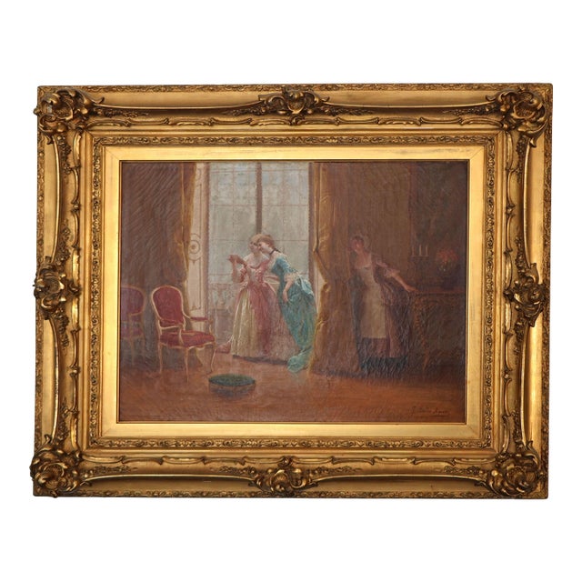 19th Century Italian Interior Scene Oil on Canvas Painting Signed J. Della Rocca in Ornate Gilt Frame For Sale