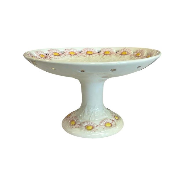 Lovely Early 19th Century White Daisy Design Majolica Pedestal. Green, Pink and Yellow Daisy in Center. Pink and Yellow...