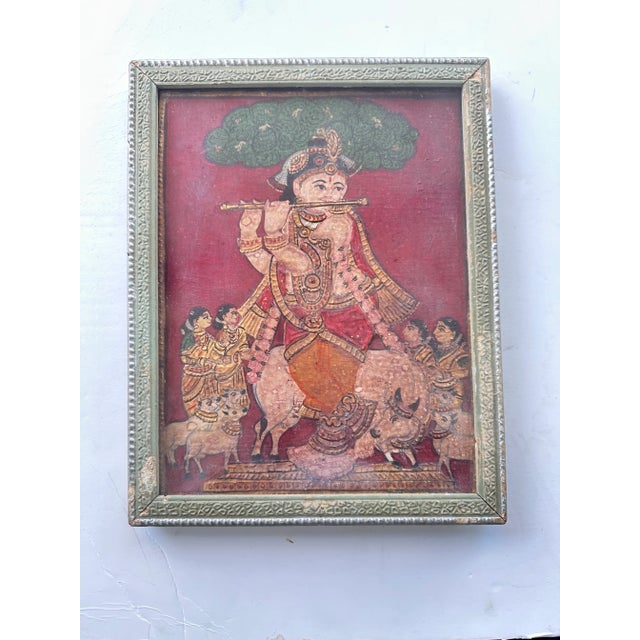 1900s Tanjore Painting Krishna Flute Venugopala India Indian Thanjavur Antique Vintage Framed For Sale - Image 14 of 17