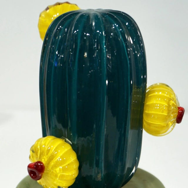 2000s Italian Teal Gold Green Murano Art Glass Cactus Plant With Yellow Flowers For Sale - Image 4 of 13