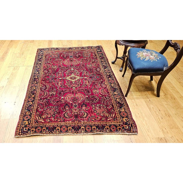 Antique Persian Sarouk Area Rug, Hand-Knotted Wool, Allover Floral Pattern, 4x6, Red & Navy For Sale - Image 4 of 17
