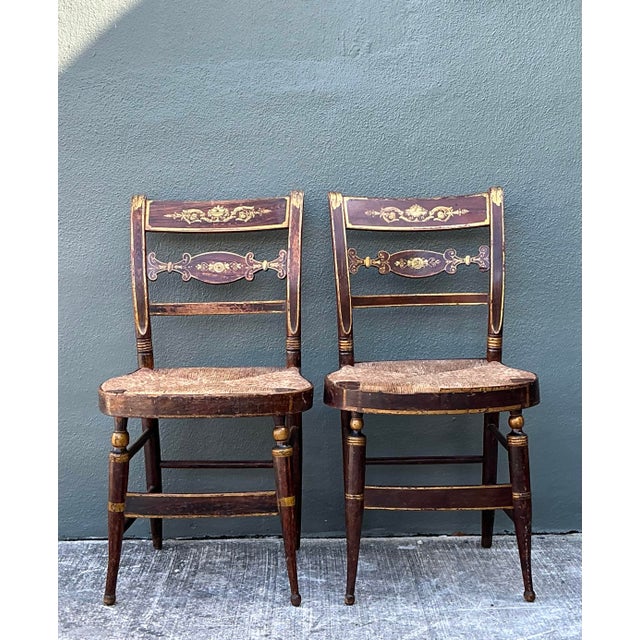 Brown Vintage Hand Painted Hitchcock Rush Seat Chairs - Set of 2 For Sale - Image 8 of 12