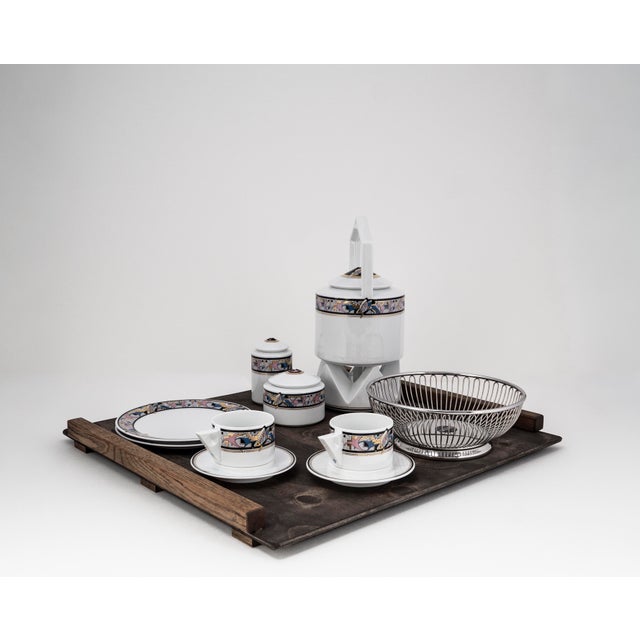 1980s Art Deco Cantana Najade Tête-À-Tête for Two on Wooden Tray from Fürstenberg and Alessi, 1980s, Set of 14 For Sale - Image 5 of 17