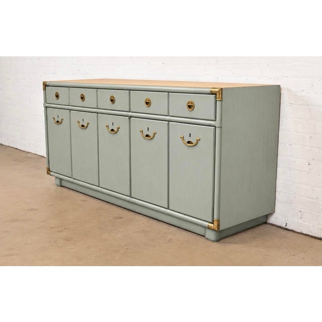 1970s Professionally Refinished 1970s Drexel Accolade Campaign Buffet / Sideboard — Custom Sage Green For Sale - Image 5 of 8