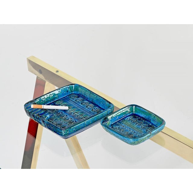 Ceramic Rimini Blue Ceramic Square Ashtrays attributed to Bitossi, Italy, 1960s, Set of 2 For Sale - Image 7 of 12