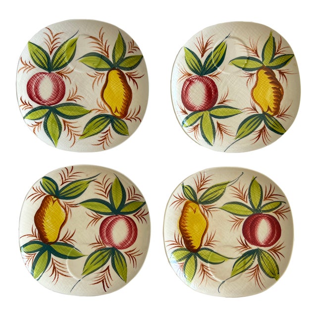 Vintage Ucagco Hand Painted Apple Pear Textured Dessert Plates, Made in Usa- Set of 4 For Sale