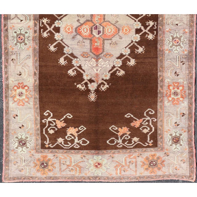 Tribal Vintage Latch Hook Design Turkish Oushak Rug in Chocolate Brown, Taupe, Gray and Burnt Orange For Sale - Image 3 of 13