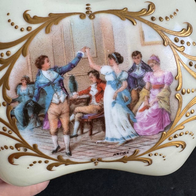 Early 20th Century French Porcelain Casket Trinket Box Hand Painted Courting Couple Dancing Scene For Sale - Image 5 of 12