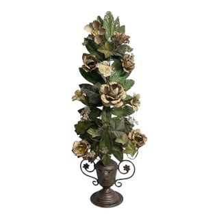 Large Vintage Painted Tole Floral Wall Hanging With Urn, 28” For Sale