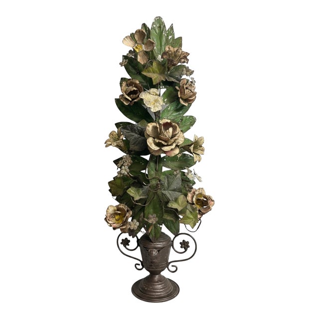 Large Vintage Painted Tole Floral Wall Hanging With Urn, 28” For Sale