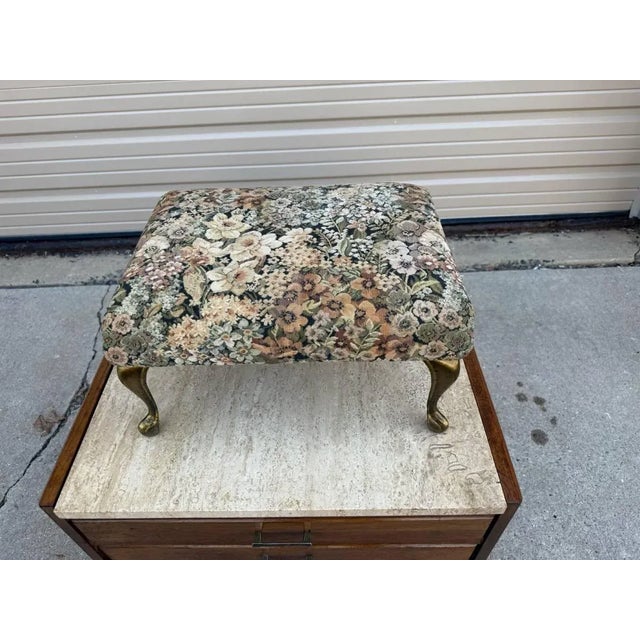 Vintage Queen Anne Style Stool Floral Upholstered and Brass Color Metal LegFoot Stool Sturdy and and strong Upholstery is...