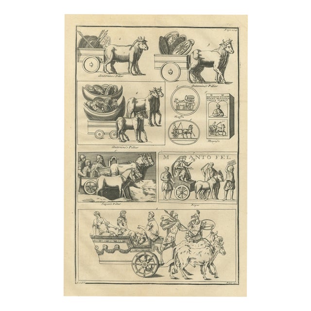 Montfaucon, Roman Carts, Carriages and a Ceremonial Car from Reliefs, 1722, Engraving For Sale