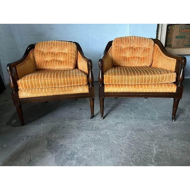 Pair of Vintage Hollywood Regency Style Mahogany Inlaid Club Lounge Armchairs by Statesville Club Sturdy and comfortable...