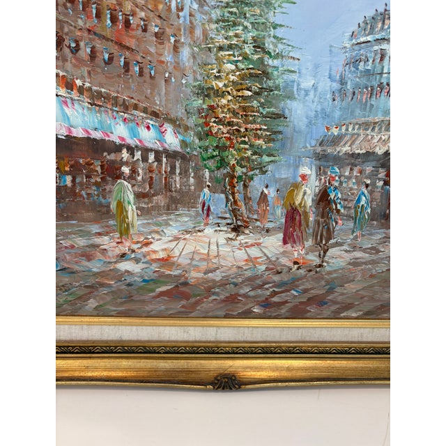 Wood Vintage Signed Burnet Paris Street Scene Oil Painting in Ornate Gilt Frame For Sale - Image 7 of 14