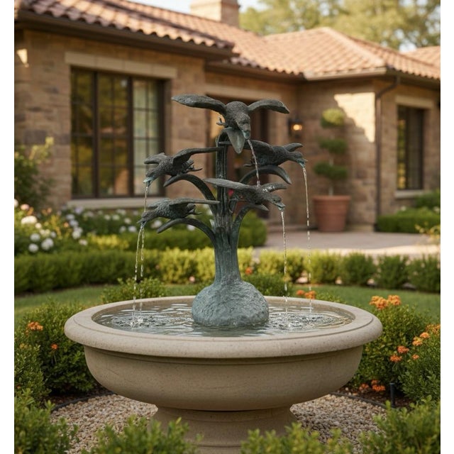 Vintage Verdigris Bronze "Birds in Flight" Garden Fountain For Sale - Image 9 of 9