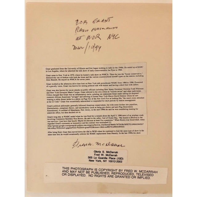 Fred McDarrah, Vintage Signed Silver Gelatin Photograph Bob Grant Radio Personality Photo, 1994 For Sale - Image 4 of 7