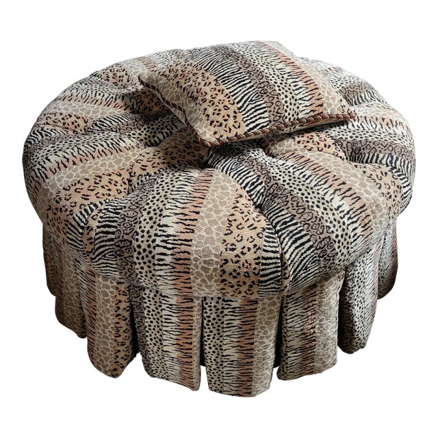 Custom Animal Print Tufted Skirted Ottoman Cocktail Table With Matching Pillow For Sale
