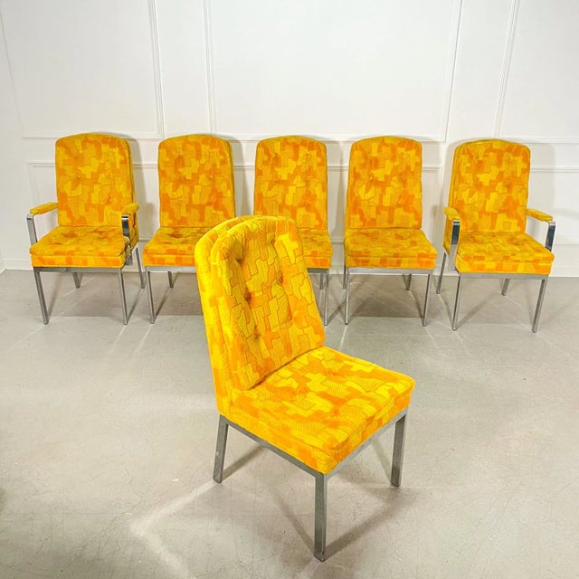 Mid-Century Modern 1970's Milo Baughman Chrome Jack Lenor Larsen Dining Chairs - Set of 6 For Sale - Image 3 of 12