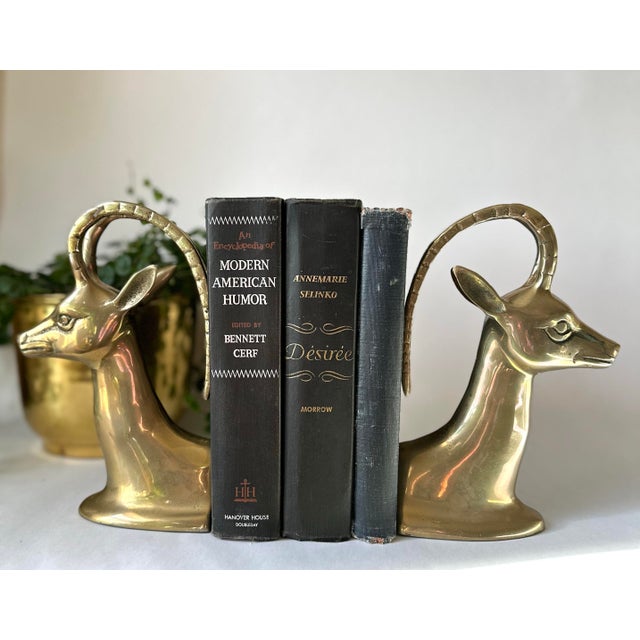 Mid-Century Modern Pair of Art Deco Revival Polished Brass Gazelle/Ibex/Antelope Bookends For Sale - Image 3 of 8