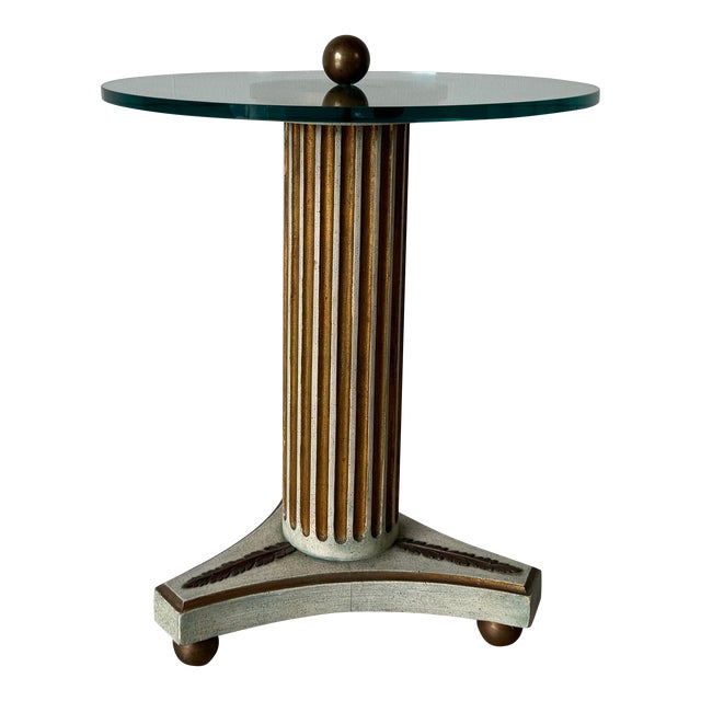 Hollywood Regency Carved Wood Column & Brass Ball Feet Side Table/ Sold For Sale