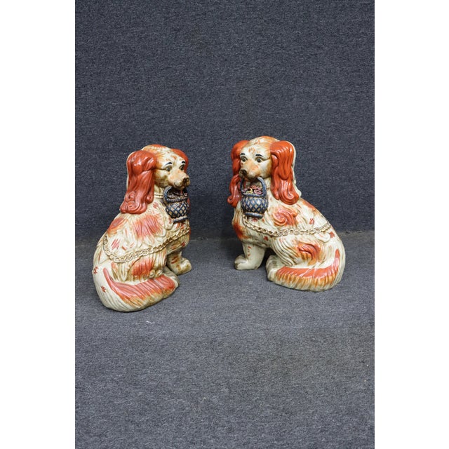 Ceramic Oversized Pair of Staffordshire Style Spaniel Dog Figurines With Baskets For Sale - Image 7 of 10