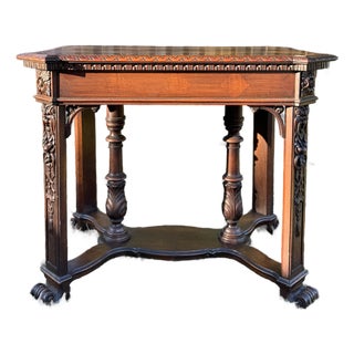 Fine Antique Early 1900s Victorian Mahogany Carved & Inlaid Marquetry Library Table For Sale
