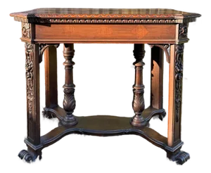 Fine Antique Early 1900s Victorian Mahogany Carved & Inlaid Marquetry Library Table
