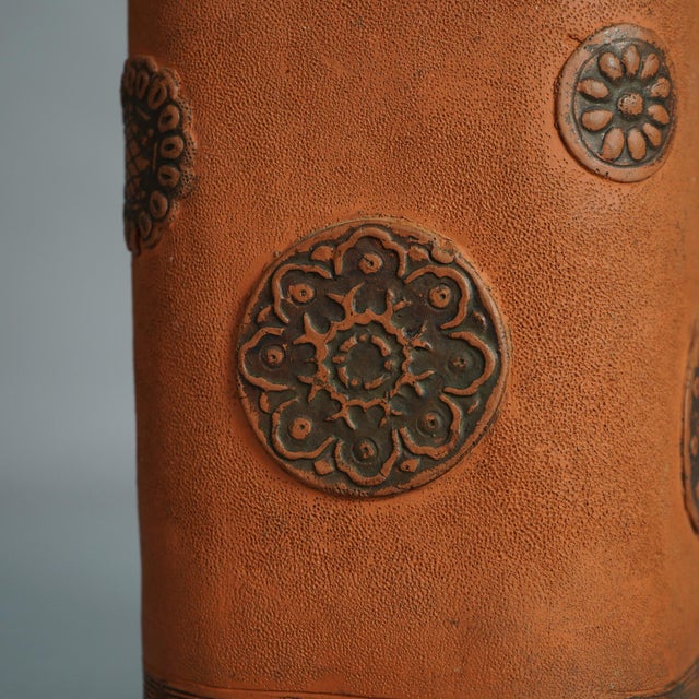 Antique Japanese Terra Cotta Vase with Stylized Floral Elements C1930 Measures - 15"H x 5"W x 5"D