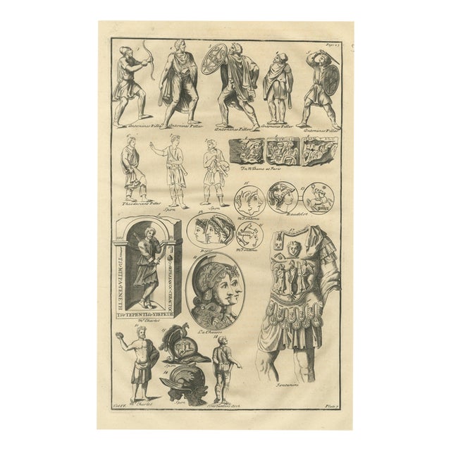 Montfaucon, Barbarian Warriors of the Antonine Column, Helmets and Gems, 1722, Engraving For Sale