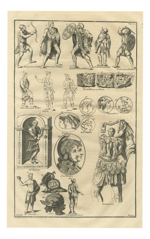 Montfaucon, Barbarian Warriors of the Antonine Column, Helmets and Gems, 1722, Engraving