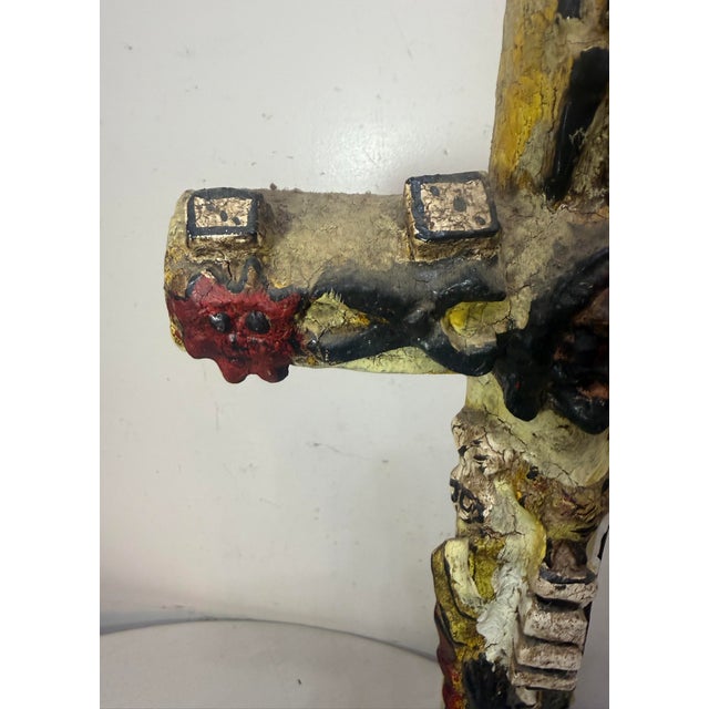 Large 1700's Antique Polychromed Carved Folk Art Wood Religious Crucifix Cross For Sale - Image 10 of 18