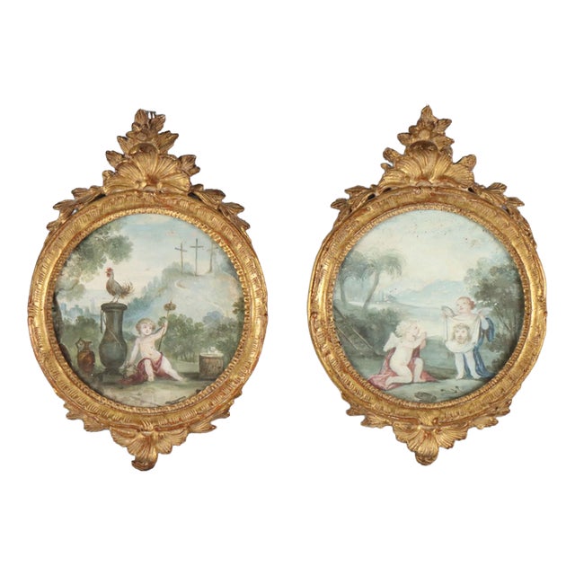Cherubs and Symbols of the Passion, 18th Century, Oil Paintings on Paper, Framed, Set of 2 For Sale