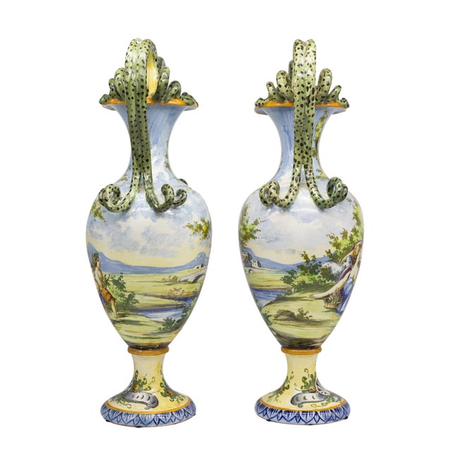 Late 19th Century Pair of Italian Maiolica Vases, Coiled Snake Handles, Ca. 1880 For Sale - Image 5 of 10