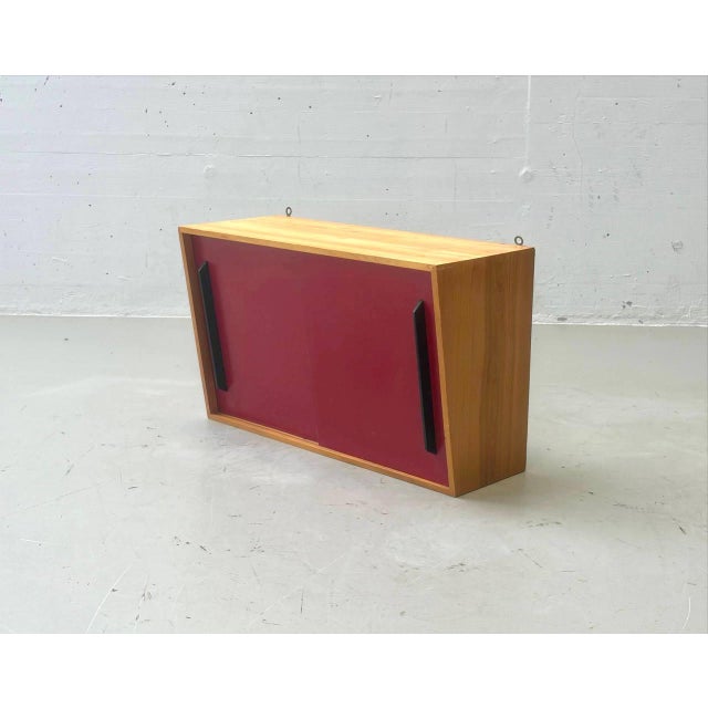 Beige Mid-Century Modern Wall Cabinet with Red Sliding Doors, 1960s For Sale - Image 8 of 15