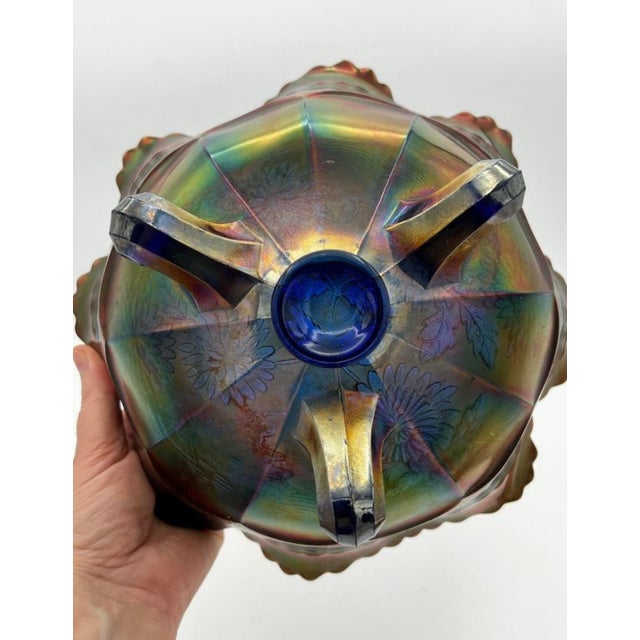 Fenton Art Glass Company Vintage Fenton Blue Carnival Glass Chrysanthemum & Windmills 3-Footed Bowl For Sale - Image 4 of 11