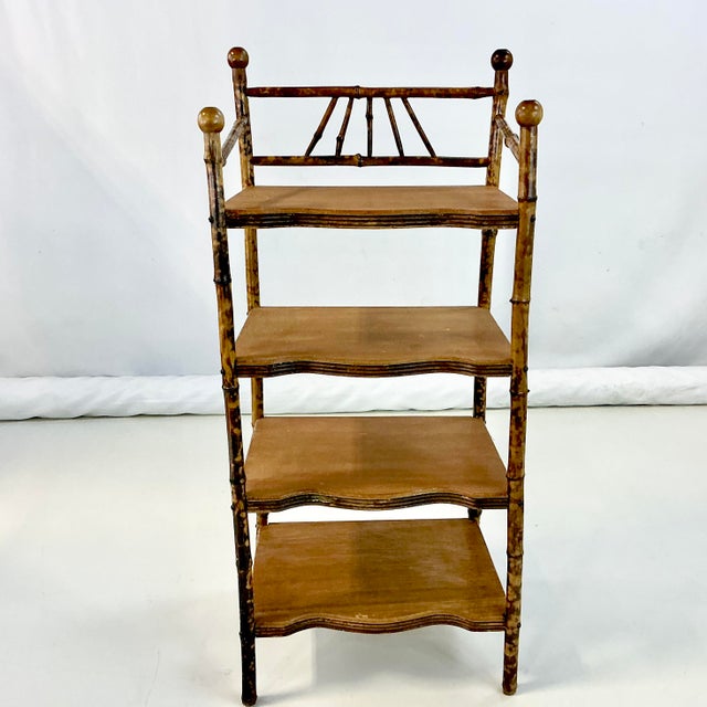 Victorian Antique Victorian English Chinoiserie Ball & Stick Scorched Bamboo Etagere - 4 Shelves. For Sale - Image 3 of 13