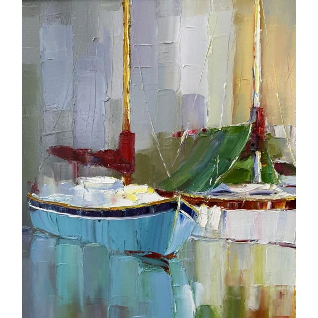 This original abstract oil on canvas by Youn OK depicts a group of sailboats rendered in bold, expressive palette-knife...