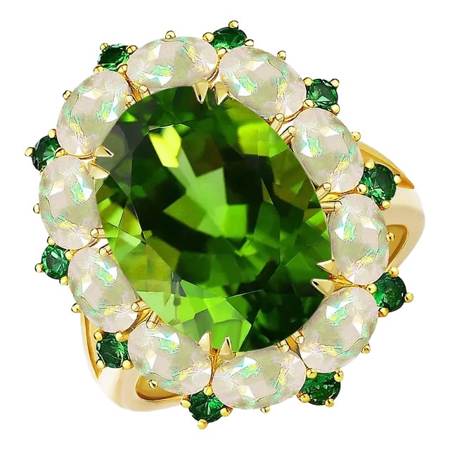 Kai Natural Peridot Opal Tsavorite Cocktail Ring in 14k Yellow Gold, size 5.5 For Sale