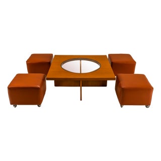 Coffee Table in Cherry Wood with Four Faux Mobile Poufs, Italy, 1970s, Set of 5 For Sale
